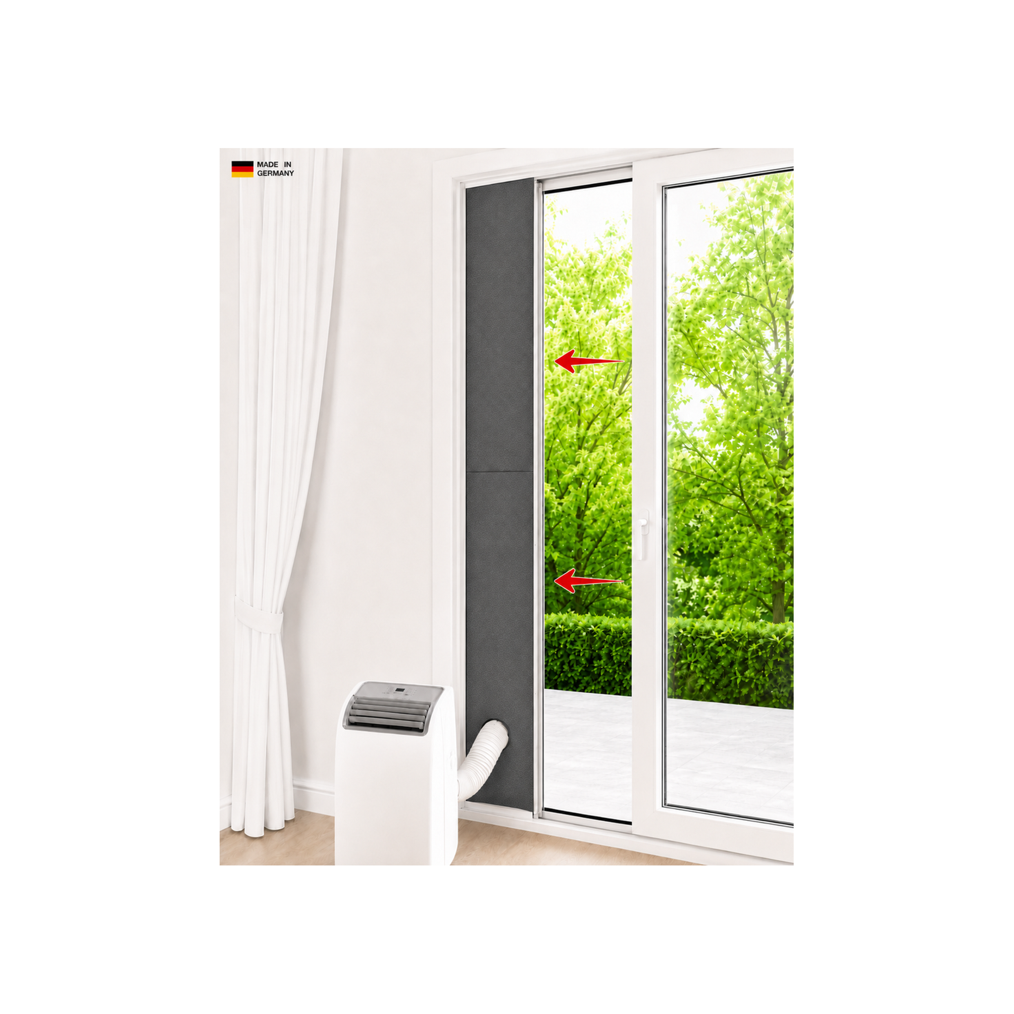 CoolFrech® patentierte Türabdichtung 30 cm-249 cm Terrasse, Balkon, Loggia für mobile Klimaanlagen – auch für Fenster – schnelle Montage ohne Bohren/Kleben – Klimageräte-Abdichtung