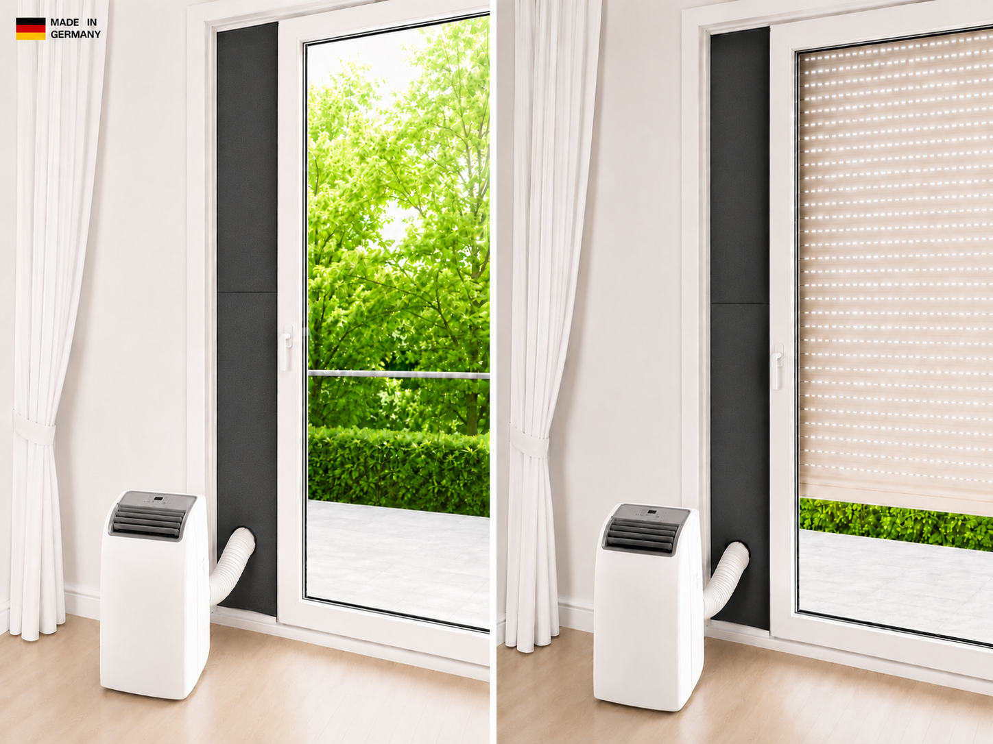 CoolFrech® patentierte Türabdichtung 30 cm-249 cm Terrasse, Balkon, Loggia für mobile Klimaanlagen – auch für Fenster – schnelle Montage ohne Bohren/Kleben – Klimageräte-Abdichtung