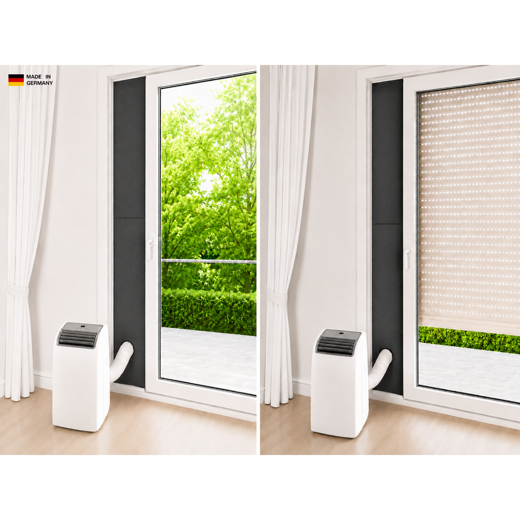 CoolFrech® patentierte Türabdichtung 30 cm-249 cm Terrasse, Balkon, Loggia für mobile Klimaanlagen – auch für Fenster – schnelle Montage ohne Bohren/Kleben – Klimageräte-Abdichtung