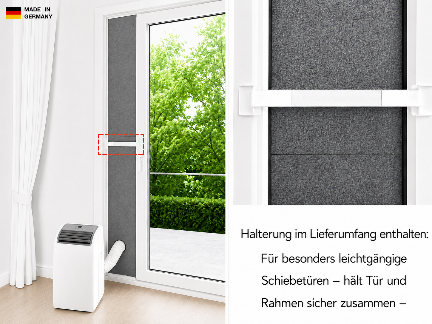 CoolFrech® patentierte Türabdichtung 30 cm-249 cm Terrasse, Balkon, Loggia für mobile Klimaanlagen – auch für Fenster – schnelle Montage ohne Bohren/Kleben – Klimageräte-Abdichtung
