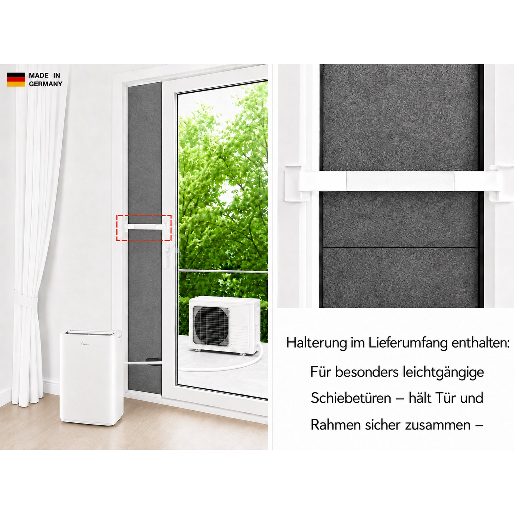 CoolFrech® patentierte Türabdichtung 30 cm-249 cm Terrasse, Balkon, Loggia für mobile Split-Klimaanlagen – Kompatibel mit Midea PortaSplit, Climia, Evolar, Eurom, Trotec, Remko – auch für Fenster – schnelle Montage – Klimageräte-Abdichtung
