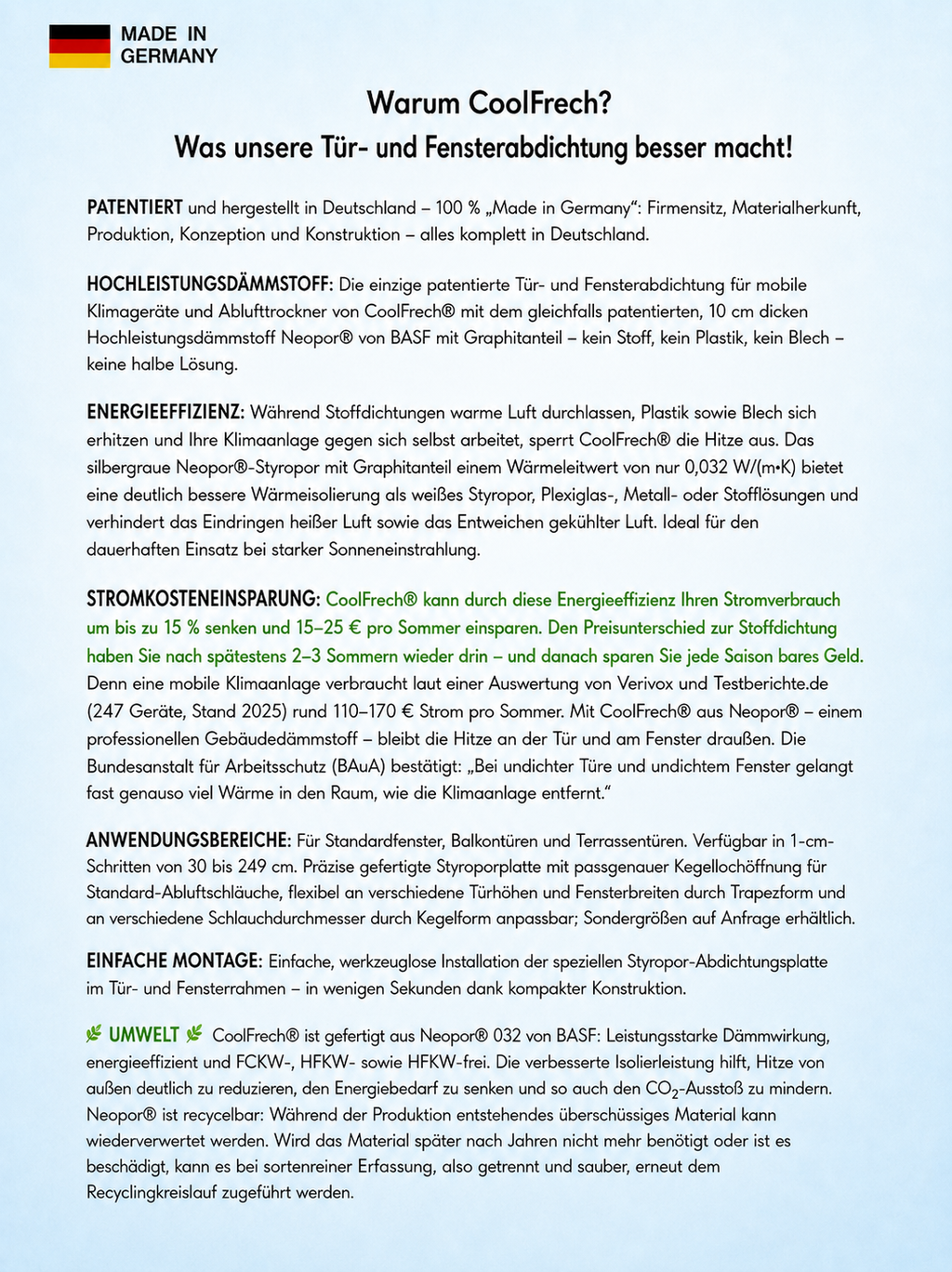 CoolFrech® patentierte Fensterabdichtung 30 cm-249 cm für mobile Klimaanlage mit Abluftschlauch und Ablufttrockner – auch für Türen – schnelle Montage ohne Bohren/Kleben – Klimageräte-Abdichtung