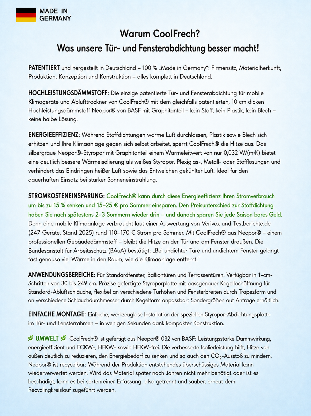 CoolFrech® patentierte Fensterabdichtung 30 cm-249 cm für mobile Klimaanlage mit Abluftschlauch und Ablufttrockner – auch für Türen – schnelle Montage ohne Bohren/Kleben – Klimageräte-Abdichtung