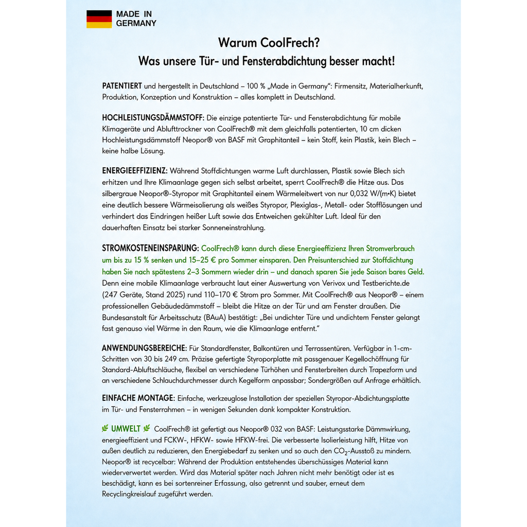 CoolFrech® patentierte Türabdichtung 30 cm-249 cm Terrasse, Balkon, Loggia für mobile Klimaanlagen – auch für Fenster – schnelle Montage ohne Bohren/Kleben – Klimageräte-Abdichtung