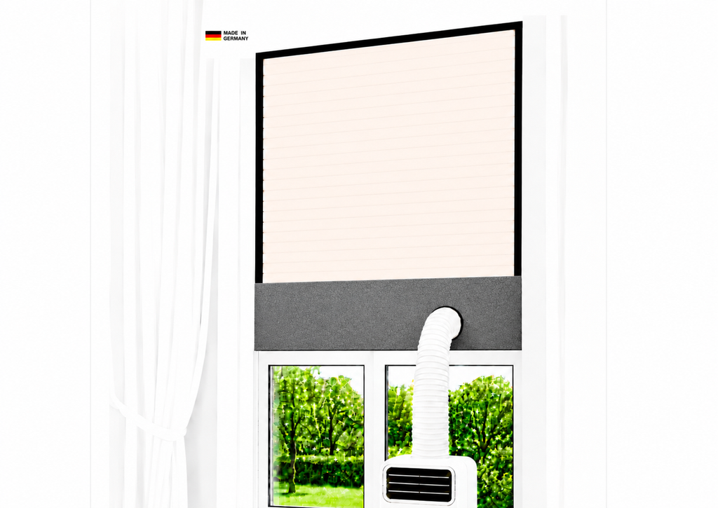CoolFrech® patentierte Fensterabdichtung 30 cm-249 cm für mobile Klimaanlage mit Abluftschlauch und Ablufttrockner – auch für Türen – schnelle Montage ohne Bohren/Kleben – Klimageräte-Abdichtung