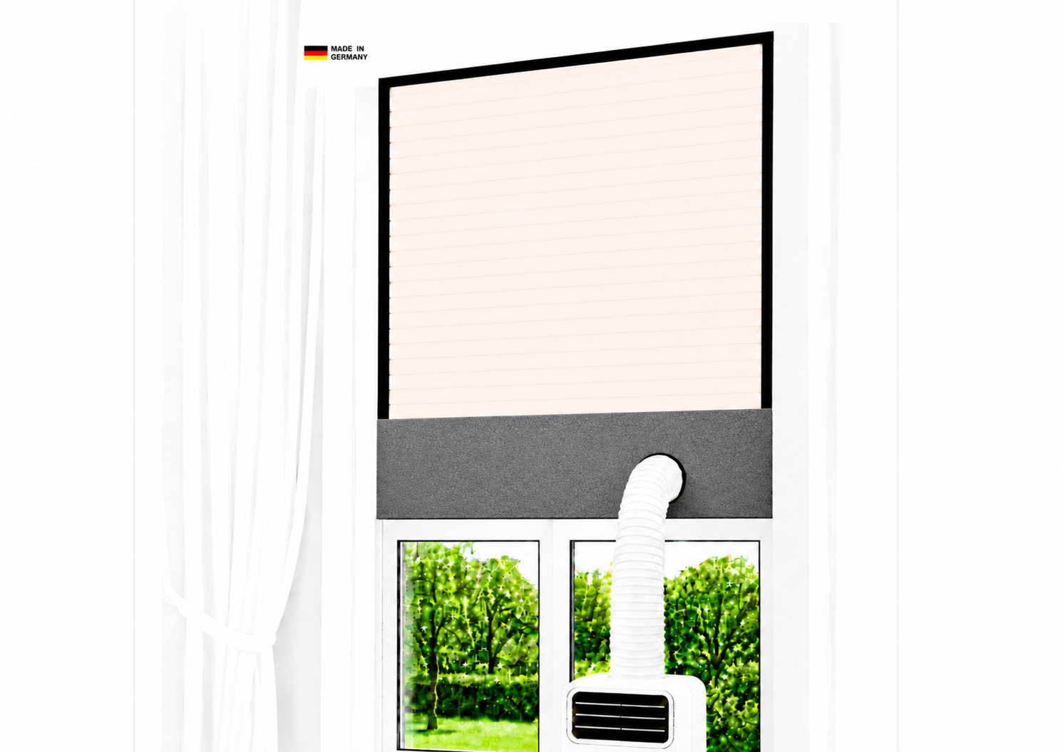 CoolFrech® patentierte Fensterabdichtung 30 cm-249 cm für mobile Klimaanlage mit Abluftschlauch und Ablufttrockner – auch für Türen – schnelle Montage ohne Bohren/Kleben – Klimageräte-Abdichtung