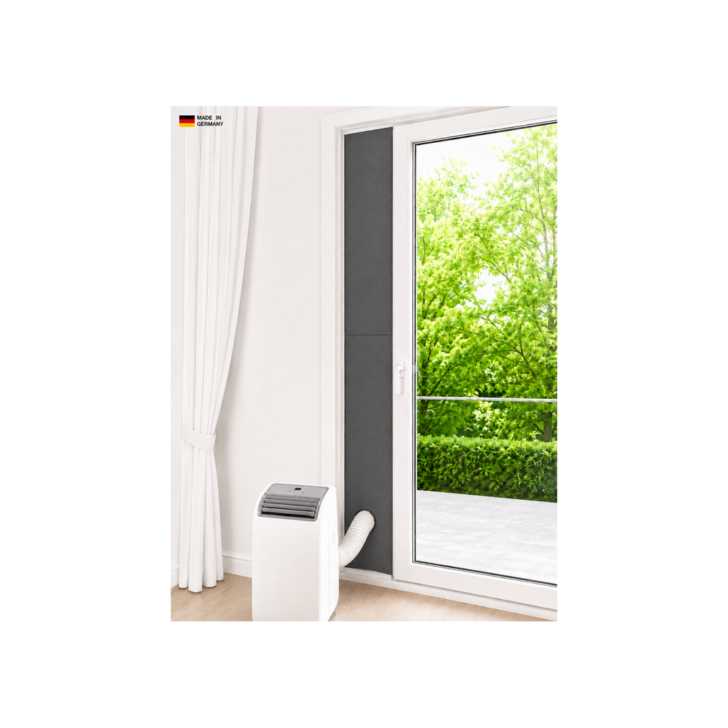 CoolFrech® patentierte Türabdichtung 30 cm-249 cm Terrasse, Balkon, Loggia für mobile Klimaanlagen – auch für Fenster – schnelle Montage ohne Bohren/Kleben – Klimageräte-Abdichtung
