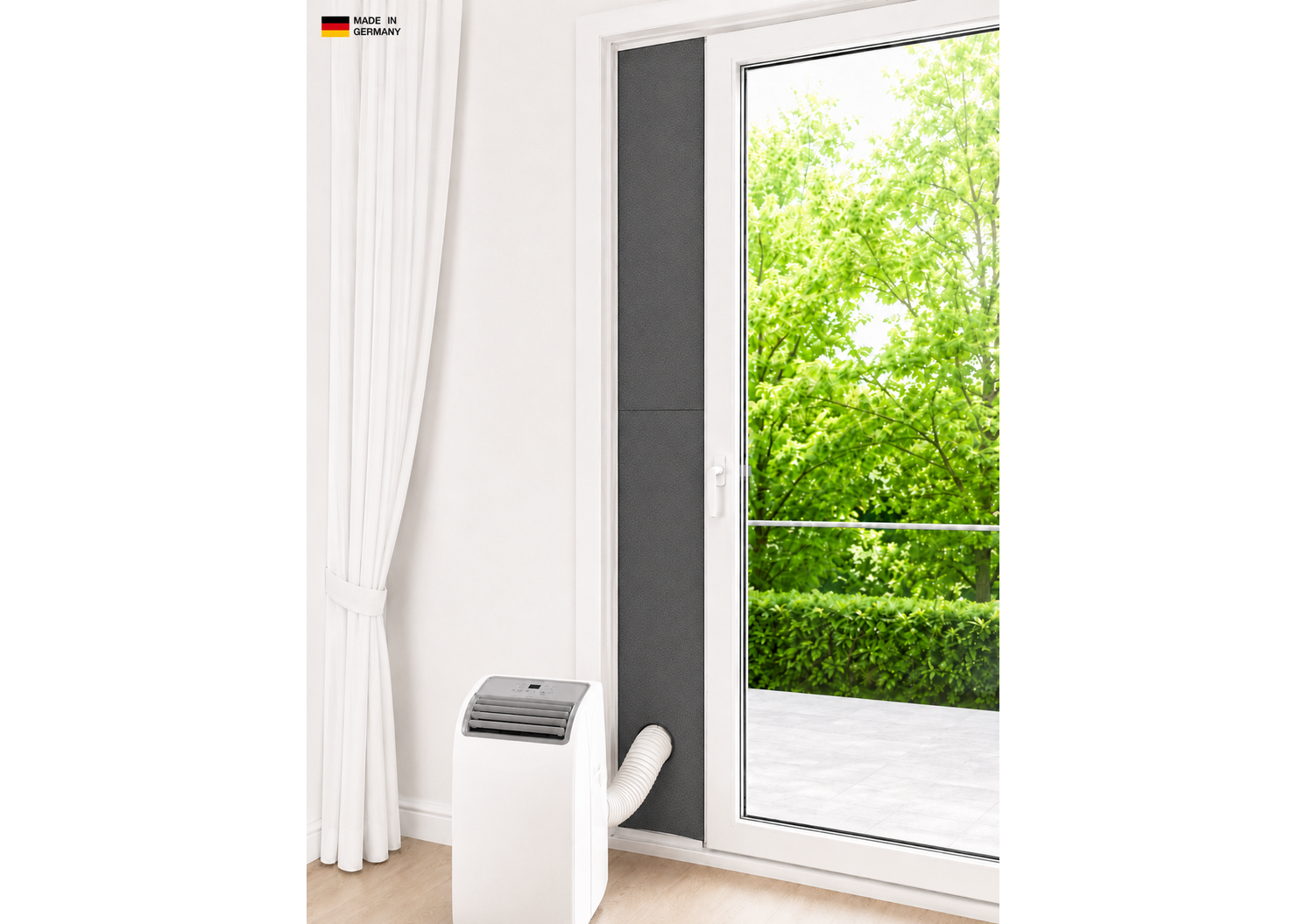 CoolFrech® patentierte Türabdichtung 30 cm-249 cm Terrasse, Balkon, Loggia für mobile Klimaanlagen – auch für Fenster – schnelle Montage ohne Bohren/Kleben – Klimageräte-Abdichtung