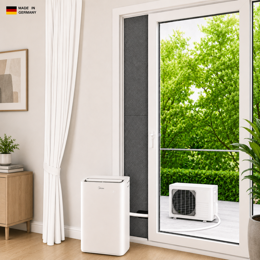 CoolFrech® patentierte Türabdichtung 30 cm-249 cm Terrasse, Balkon, Loggia für mobile Split-Klimaanlagen – Kompatibel mit Midea PortaSplit, Climia, Evolar, Eurom, Trotec, Remko – auch für Fenster – schnelle Montage – Klimageräte-Abdichtung