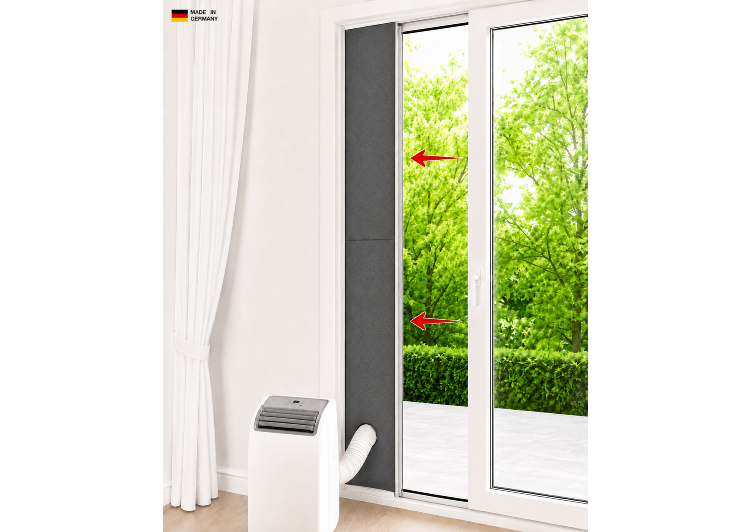 CoolFrech® patentierte Türabdichtung 30 cm-249 cm Terrasse, Balkon, Loggia für mobile Klimaanlagen – auch für Fenster – schnelle Montage ohne Bohren/Kleben – Klimageräte-Abdichtung
